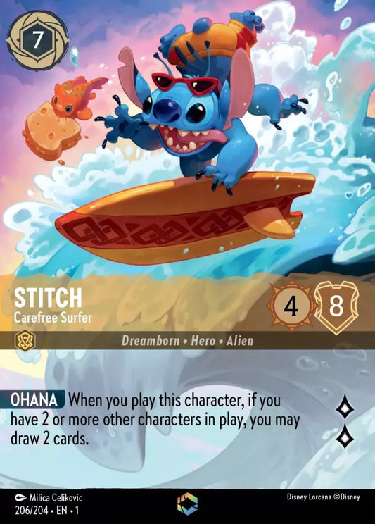 Stitch Carefree Surfer, The First Chapter 206/204  Secret Enchanted Rare Foil